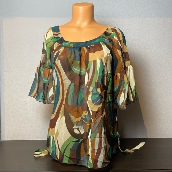 BCX Semi Sheer Belted Blouse with Bell Sleeves Size L (D28) - Picture 2 of 7